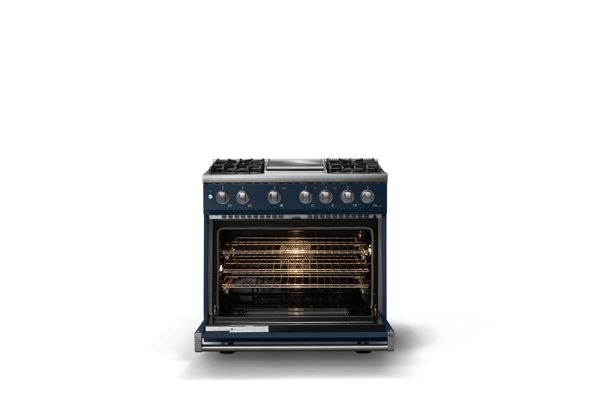 36"W. Dual Fuel Range (Burner: 4g, Finish: Slate Blue, Trim: Polished Chrome, Fuel: Natural Gas)
