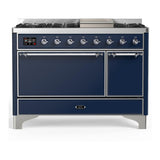 ILVE UM48FQNR3MBC Majestic III 48 inch Dual Fuel Range with 8 Burners and Griddle, Dual Function Burner up to 25,000 BTU (Natural Gas, Solid Door, Midnight Blue, Chrome)