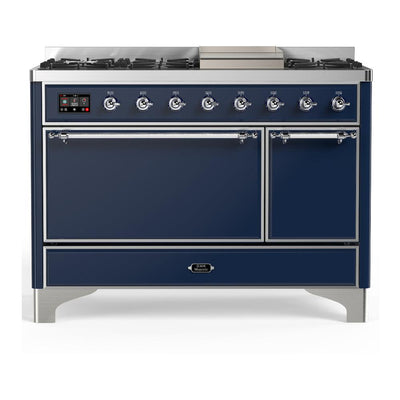 ILVE UM48FQNR3MBC Majestic III 48 inch Dual Fuel Range with 8 Burners and Griddle, Dual Function Burner up to 25,000 BTU (Natural Gas, Solid Door, Midnight Blue, Chrome)