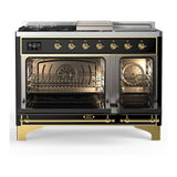 ILVE UM48FSNR3BKG Majestic III 48 inch Dual Fuel Range with 5 Black Brass Burners, Griddle and French Top, Dual Function Burner up to 25,000 BTU (Natural Gas, Triple Glass Door, Glossy Black, Brass)