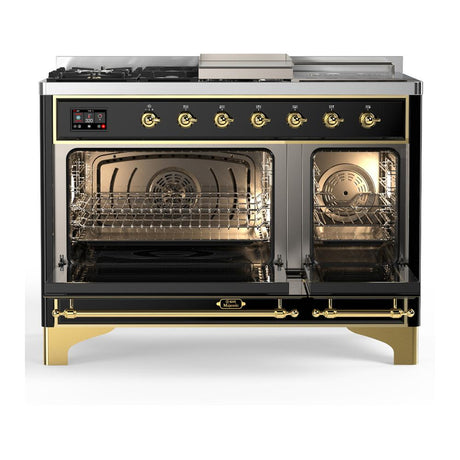 ILVE UM48FSNR3BKG Majestic III 48 inch Dual Fuel Range with 5 Black Brass Burners, Griddle and French Top, Dual Function Burner up to 25,000 BTU (Natural Gas, Triple Glass Door, Glossy Black, Brass)