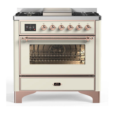ILVE UM36FNR3AWPLP Majestic III 36 inch Dual Fuel Range with 6 Black Brass Burners and Griddle, Dual Function Burner up to 25,000 BTU (Triple Glass Door, Antique White, Copper, Liquid Propane)