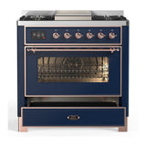 ILVE UM36FNR3MBP Majestic III 36 inch Dual Fuel Range with 6 Black Brass Burners and Griddle, Dual Function Burner up to 25,000 BTU (Triple Glass Door, Midnight Blue, Copper, Natural Gas)