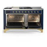 ILVE UM60FSQNR3MBGLP Majestic III 60 inch Dual Fuel Range with 7 Burners, Griddle and French Top, Dual Function Burner with up to 25,000 BTU (Liquid Propane, Solid Door, Midnight Blue, Brass)