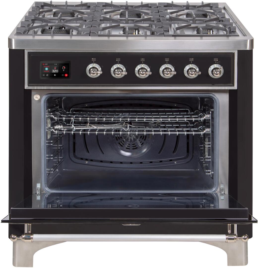 Majestic II 36 Inch Dual Fuel Natural Gas Freestanding Range in Glossy Black with Chrome Trim