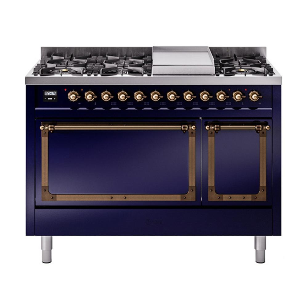 ILVE UN48FQNMPMBB Nostalgie II Noblesse 48 inch Dual Fuel Range (8 Sealed Burners + Griddle, Natural Gas, Solid Door, Midnight Blue, Burnished)