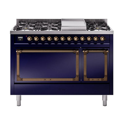 ILVE UN48FQNMPMBB Nostalgie II Noblesse 48 inch Dual Fuel Range (8 Sealed Burners + Griddle, Natural Gas, Solid Door, Midnight Blue, Burnished)
