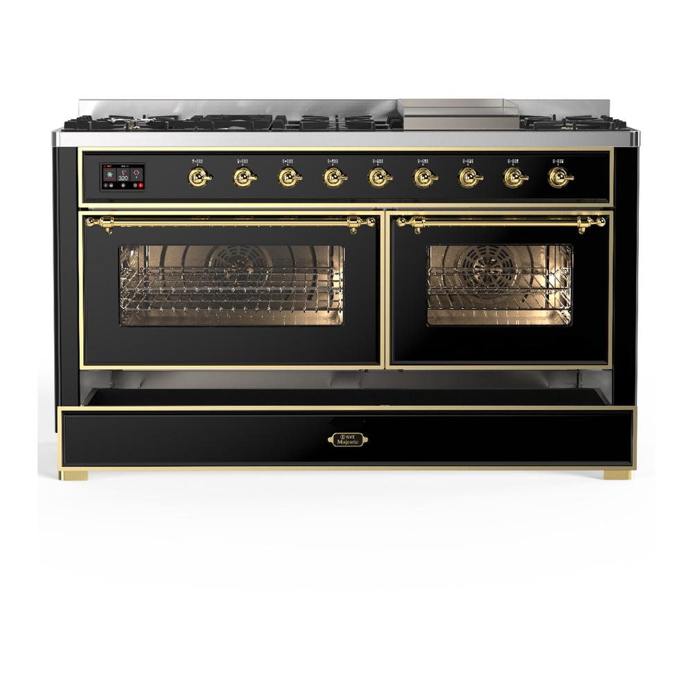 ILVE UM60FNR3BKG Majestic III 60 inch Dual Fuel Range with 9 Burners and Griddle, Dual Function Burner up to 25,000 BTU (Natural Gas, Triple Glass Door, Glossy Black, Brass)
