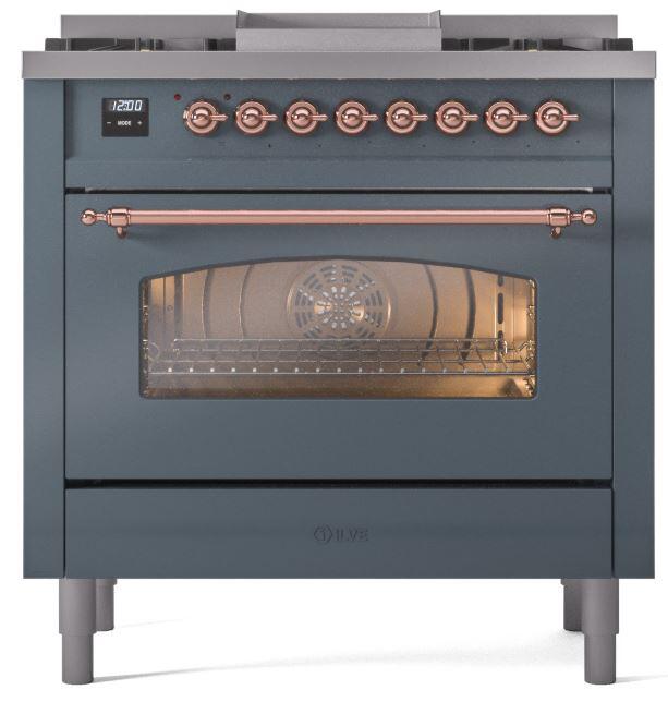 Nostalgie II 36 Inch Dual Fuel Liquid Propane Freestanding Range in Blue Grey with Copper Trim