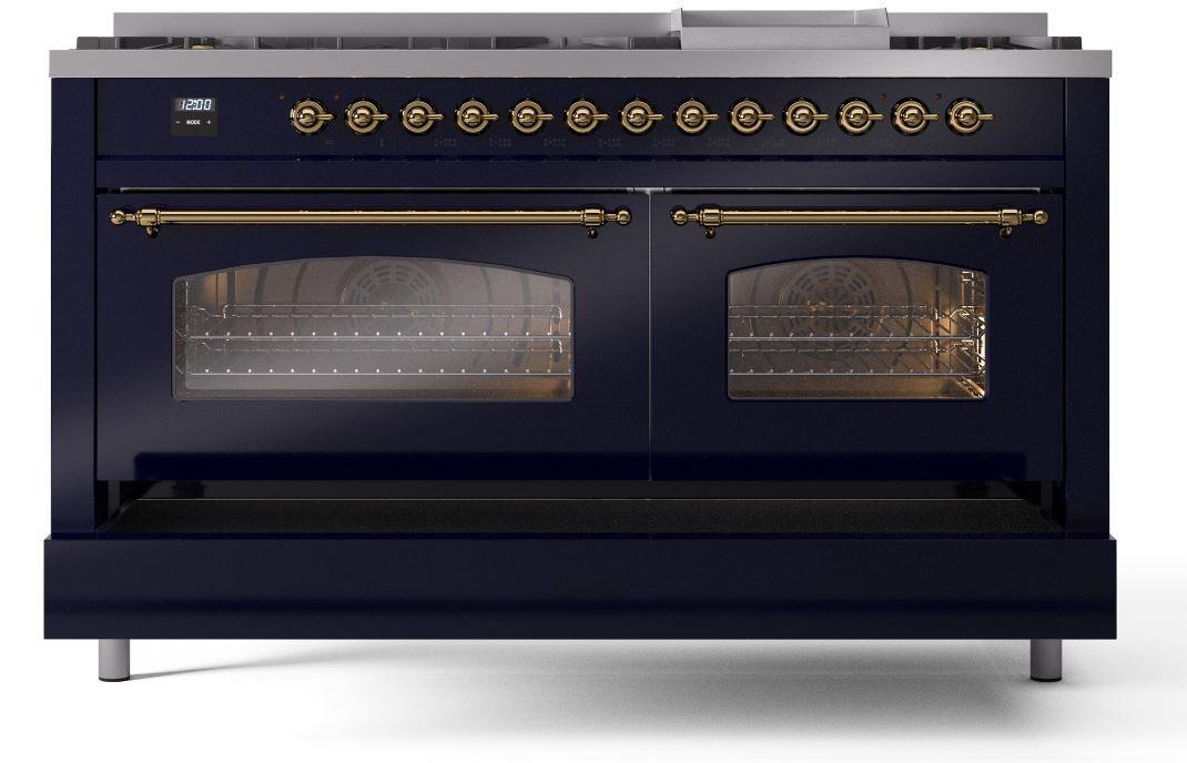 Nostalgie II 60 Inch Dual Fuel Natural Gas Freestanding Range in Blue with Brass Trim