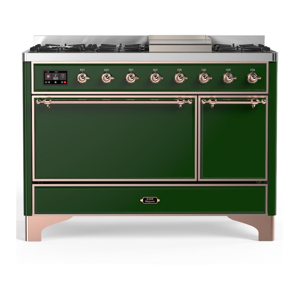 ILVE UM48FQNR3EGPLP Majestic III 48 inch Dual Fuel Range with 8 Burners and Griddle, Dual Function Burner up to 25,000 BTU (Liquid Propane, Solid Door, Emerald Green, Copper)