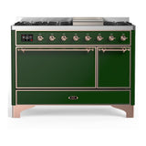 ILVE UM48FQNR3EGPLP Majestic III 48 inch Dual Fuel Range with 8 Burners and Griddle, Dual Function Burner up to 25,000 BTU (Liquid Propane, Solid Door, Emerald Green, Copper)
