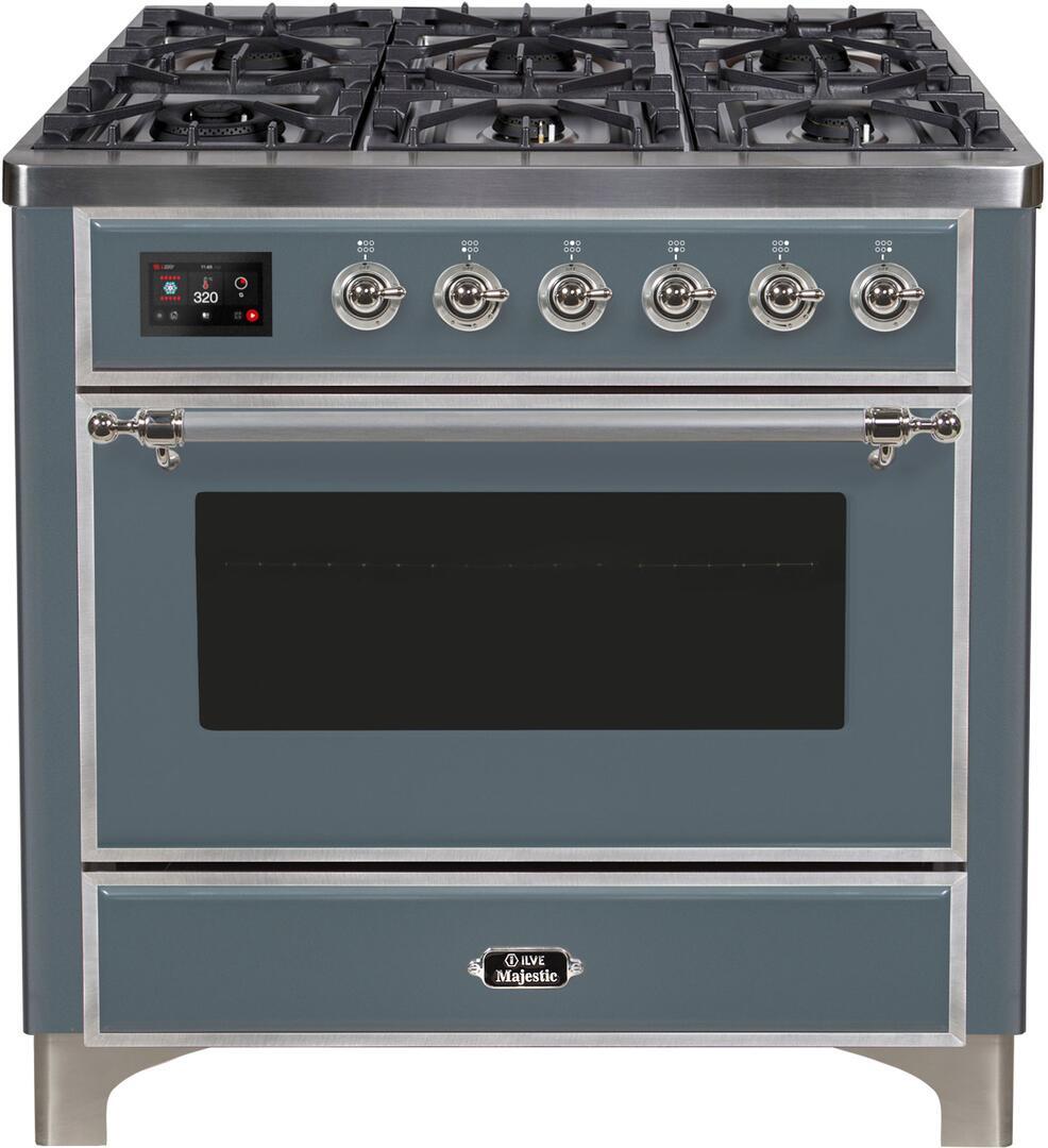 Majestic II 36 Inch Dual Fuel Natural Gas Freestanding Range in Blue Grey with Chrome Trim