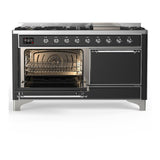 ILVE UM60FQNR3MGC Majestic III 60 inch Dual Fuel Range with 9 Burners and Griddle, Dual Function Burner up to 25,000 BTU (Natural Gas, Solid Door, Graphite Matte, Chrome)