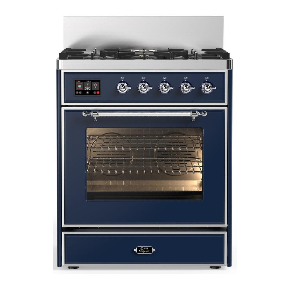 ILVE UM30NR3MBC Majestic III 30 inch Dual Fuel Range with 5 Black Brass Burners, Dual Function Burner up to 25,000 BTU (Natural Gas, Triple Glass Door, Midnight Blue, Chrome)