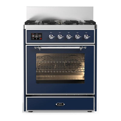 ILVE UM30NR3MBC Majestic III 30 inch Dual Fuel Range with 5 Black Brass Burners, Dual Function Burner up to 25,000 BTU (Natural Gas, Triple Glass Door, Midnight Blue, Chrome)