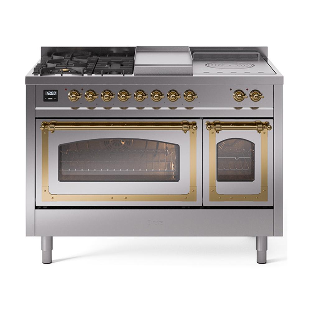 ILVE UN48FSNMPSSGLP Nostalgie II Noblesse 48 inch Dual Fuel Range (5 Sealed Burners + Griddle + French Top, Liquid Propane, Triple Glass Door, Stainless Steel, Brass)