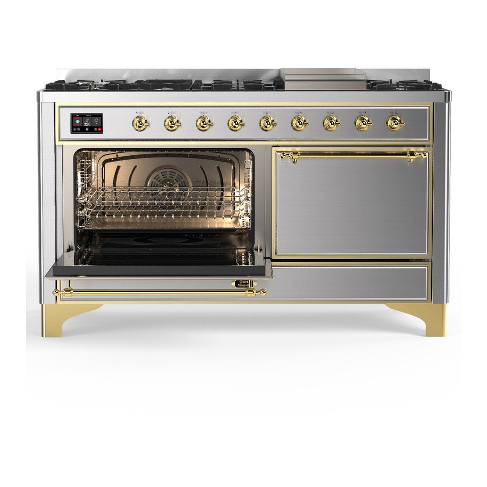 ILVE UM60FQNR3SSGLP Majestic III 60 inch Dual Fuel Range with 9 Burners and Griddle, Dual Function Burner up to 25,000 BTU (Liquid Propane, Solid Door, Stainless Steel, Brass)