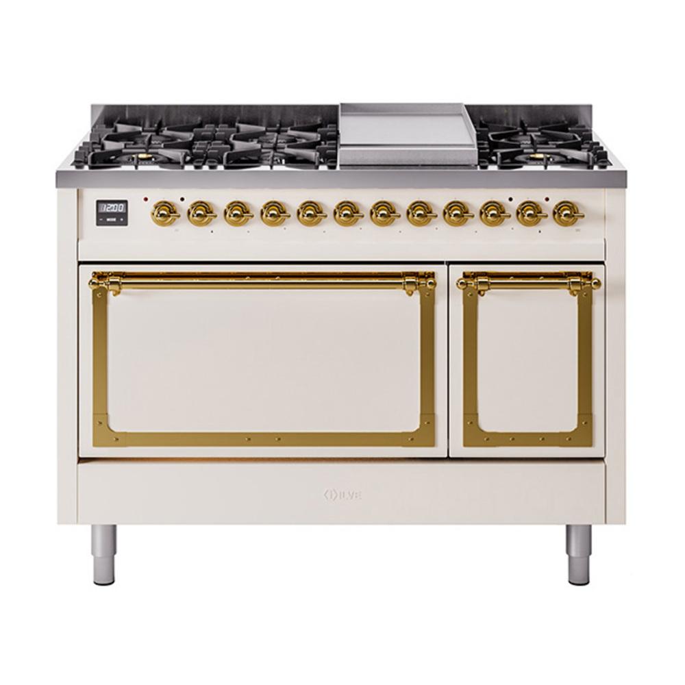 ILVE UN48FQNMPAWGLP Nostalgie II Noblesse 48 inch Dual Fuel Range (8 Sealed Burners + Griddle, Liquid Propane, Solid Door, Antique White, Brass)