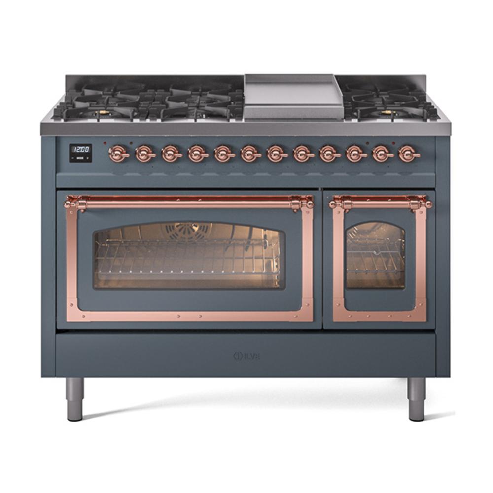 ILVE UN48FNMPBGPLP Nostalgie II Noblesse 48 inch Dual Fuel Range (8 Sealed Burners + Griddle, Liquid Propane, Triple Glass Door, Blue Grey, Copper)