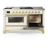 ILVE UM60FSNR3AWGLP Majestic III 60 inch Dual Fuel Range with 7 Burners, Griddle and French Top, Dual Function Burner with up to 25,000 BTU (Liquid Propane, Triple Glass Door, Antique White, Brass)