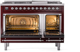 Nostalgie II 48 Inch Dual Fuel Natural Gas Freestanding Range in Burgundy with Chrome Trim