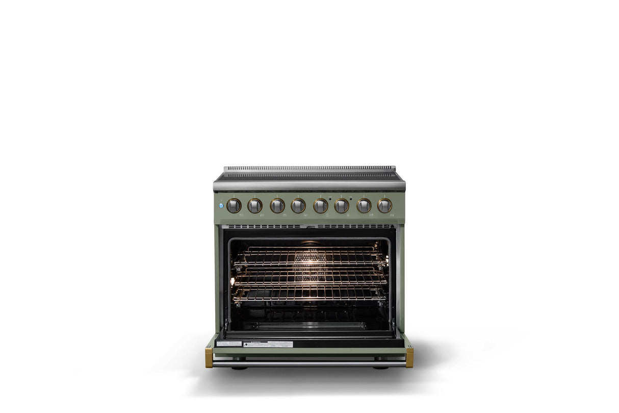 36"W. Induction Range (Finish: Eucalyptus, Trim: Brushed Brass)