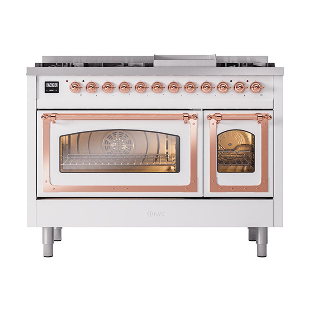 ILVE UN48FNMPWHPLP Nostalgie II Noblesse 48 inch Dual Fuel Range (8 Sealed Burners + Griddle, Liquid Propane, Triple Glass Door, White, Copper)
