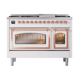 ILVE UN48FNMPWHPLP Nostalgie II Noblesse 48 inch Dual Fuel Range (8 Sealed Burners + Griddle, Liquid Propane, Triple Glass Door, White, Copper)