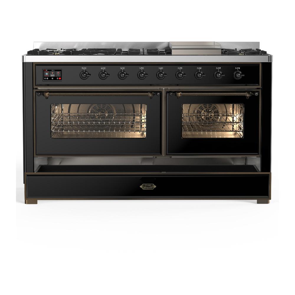 ILVE UM60FNR3BKB Majestic III 60 inch Dual Fuel Range with 9 Burners and Griddle, Dual Function Burner up to 25,000 BTU (Natural Gas, Triple Glass Door, Glossy Black, Burnished)