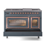 ILVE UN48FNMPBGPLP Nostalgie II Noblesse 48 inch Dual Fuel Range (8 Sealed Burners + Griddle, Liquid Propane, Triple Glass Door, Blue Grey, Copper)