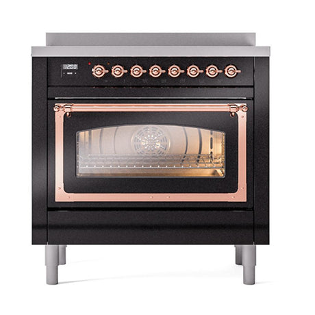 ILVE UNI366NMPBKP Nostalgie II Noblesse 36 inch Induction Range (Triple Glass Door, Glossy Black, Copper)