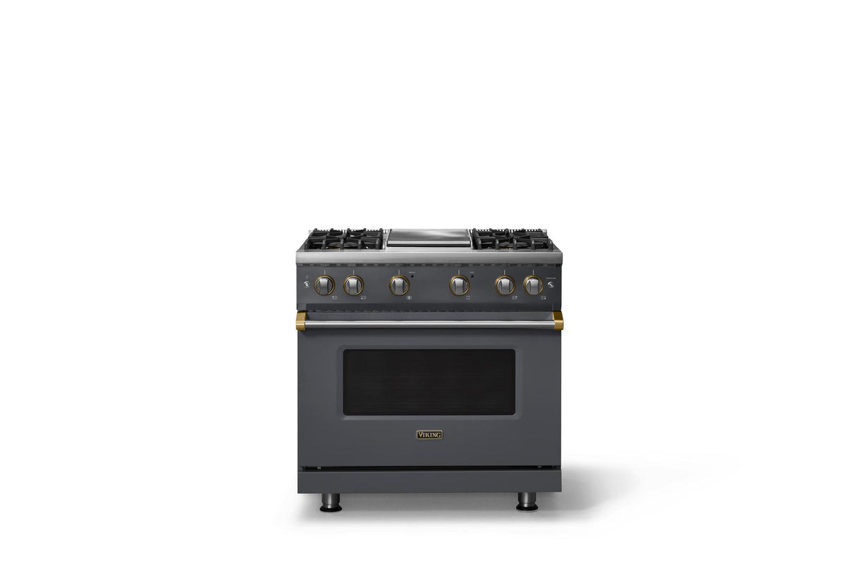 36"W. Sealed Burner Gas Range (Burner: 4g, Finish: Cast Black, Trim: Brushed Brass, Fuel: Natural Gas)