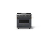 36"W. Sealed Burner Gas Range (Burner: 4g, Finish: Cast Black, Trim: Brushed Brass, Fuel: Propane)