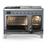ILVE UM48FSQNR3BGC Majestic III 48 inch Dual Fuel Range with 5 Black Brass Burners, Griddle and French Top, Dual Function Burner up to 25,000 BTU (Natural Gas, Solid Door, Blue Grey, Chrome)
