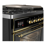 ILVE UM48FSNR3BKG Majestic III 48 inch Dual Fuel Range with 5 Black Brass Burners, Griddle and French Top, Dual Function Burner up to 25,000 BTU (Natural Gas, Triple Glass Door, Glossy Black, Brass)