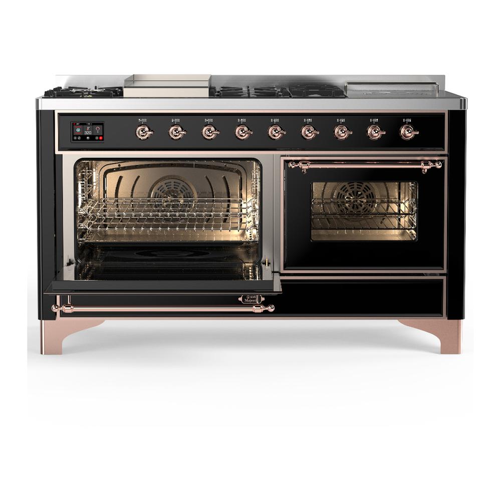 ILVE UM60FSNR3BKP Majestic III 60 inch Dual Fuel Range with 7 Burners, Griddle and French Top, Dual Function Burner with up to 25,000 BTU (Natural Gas, Triple Glass Door, Glossy Black, Copper)