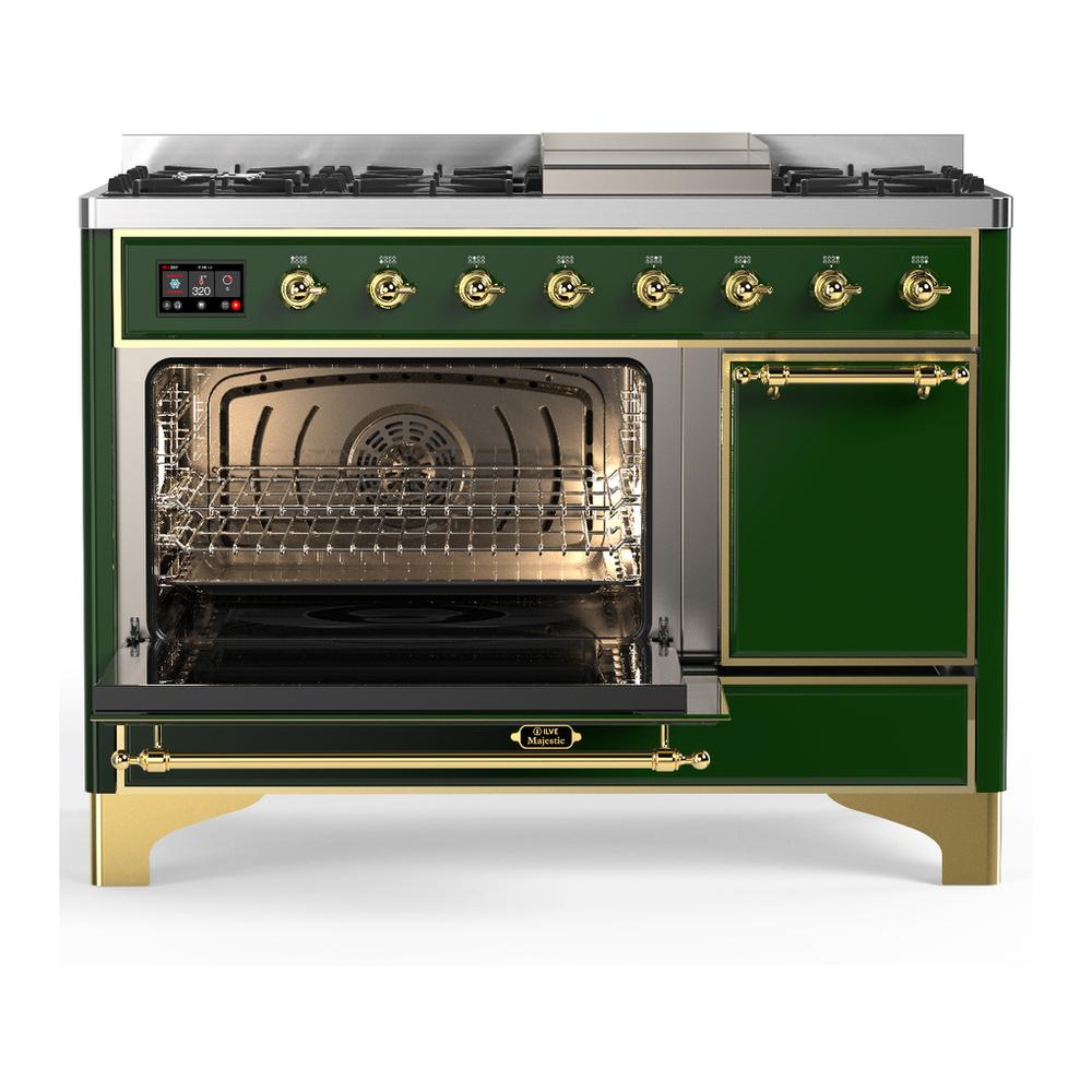 ILVE UM48FQNR3EGG Majestic III 48 inch Dual Fuel Range with 8 Burners and Griddle, Dual Function Burner up to 25,000 BTU (Natural Gas, Solid Door, Emerald Green, Brass)