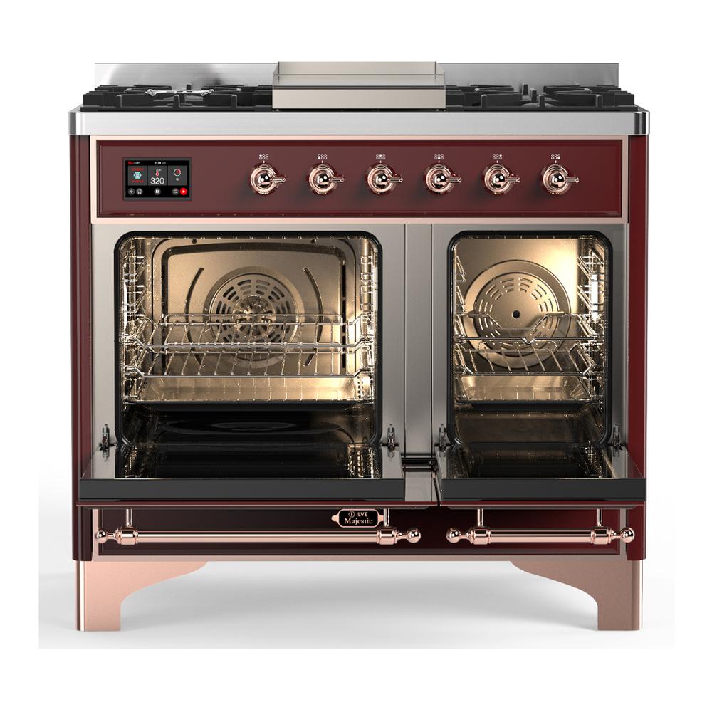 ILVE UMD40FNR3BUPLP Majestic III 40 inch Dual Fuel Range with 6 Burners and Griddle, Dual Function Burner up to 25,000 BTU (Liquid Propane, Triple Glass Door, Burgundy, Copper)