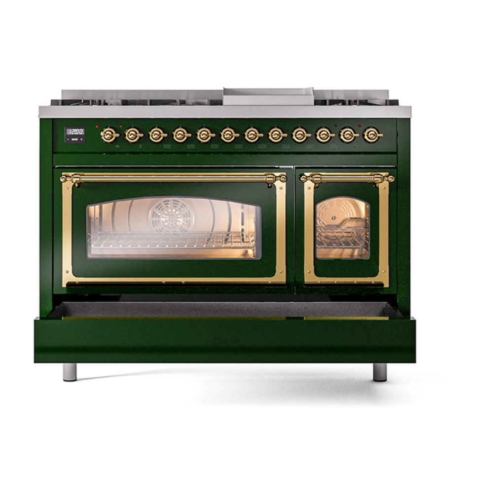 ILVE UN48FNMPEGG Nostalgie II Noblesse 48 inch Dual Fuel Range (8 Sealed Burners + Griddle, Natural Gas, Triple Glass Door, Emerald Green, Brass)