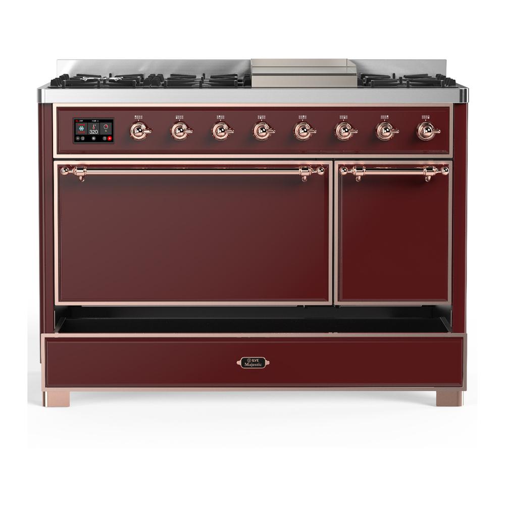 ILVE UM48FQNR3BUPLP Majestic III 48 inch Dual Fuel Range with 8 Burners and Griddle, Dual Function Burner up to 25,000 BTU (Liquid Propane, Solid Door, Burgundy, Copper)