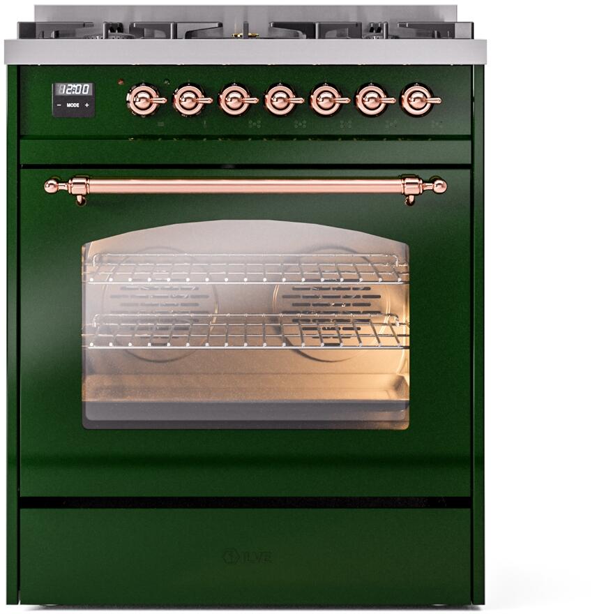 Nostalgie II 30 Inch Dual Fuel Natural Gas Freestanding Range in Emerald Green with Copper Trim