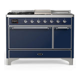 ILVE UM48FSQNR3MBC Majestic III 48 inch Dual Fuel Range with 5 Black Brass Burners, Griddle and French Top, Dual Function Burner up to 25,000 BTU (Natural Gas, Solid Door, Midnight Blue, Chrome)