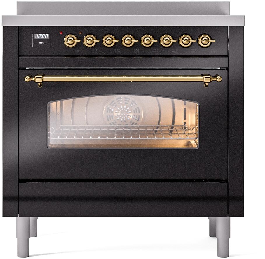 Nostalgie II 36 Inch Electric Freestanding Range in Glossy Black with Brass Trim