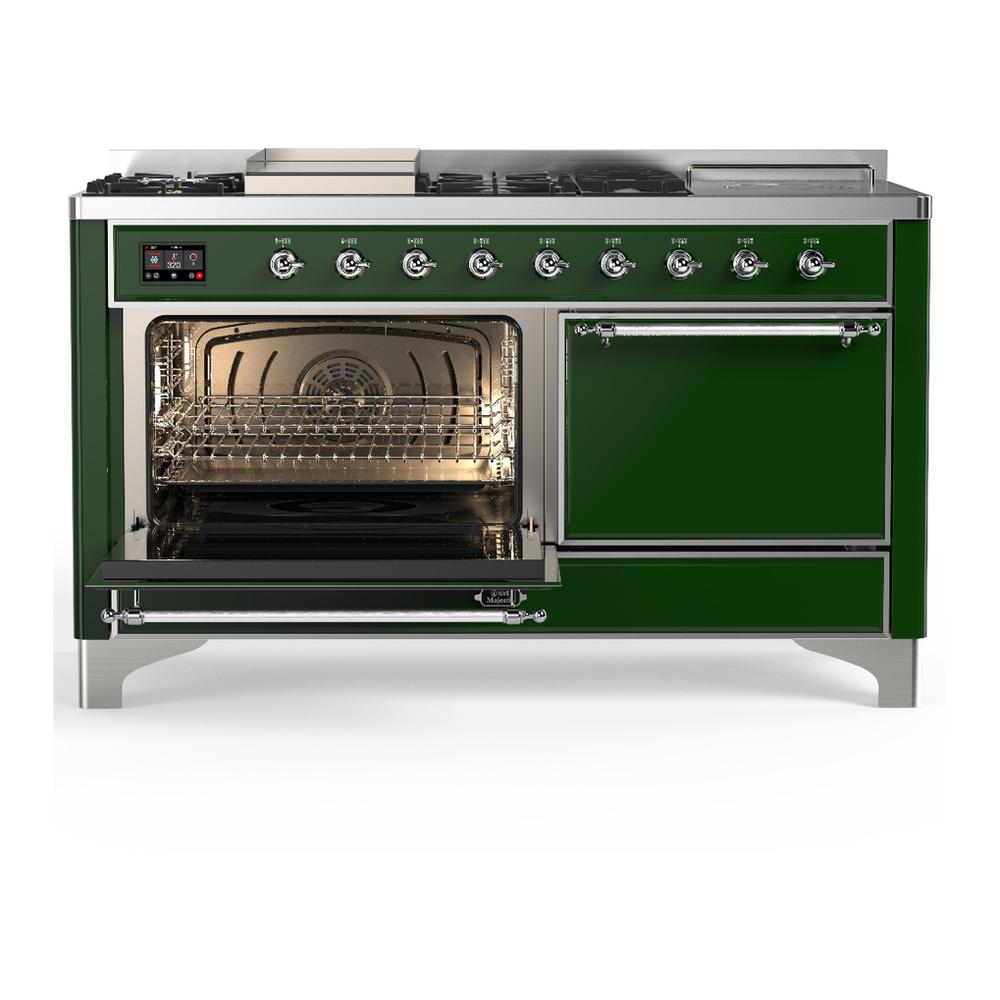 ILVE UM60FSQNR3EGCLP Majestic III 60 inch Dual Fuel Range with 7 Burners, Griddle and French Top, Dual Function Burner with up to 25,000 BTU (Liquid Propane, Solid Door, Emerald Green, Chrome)