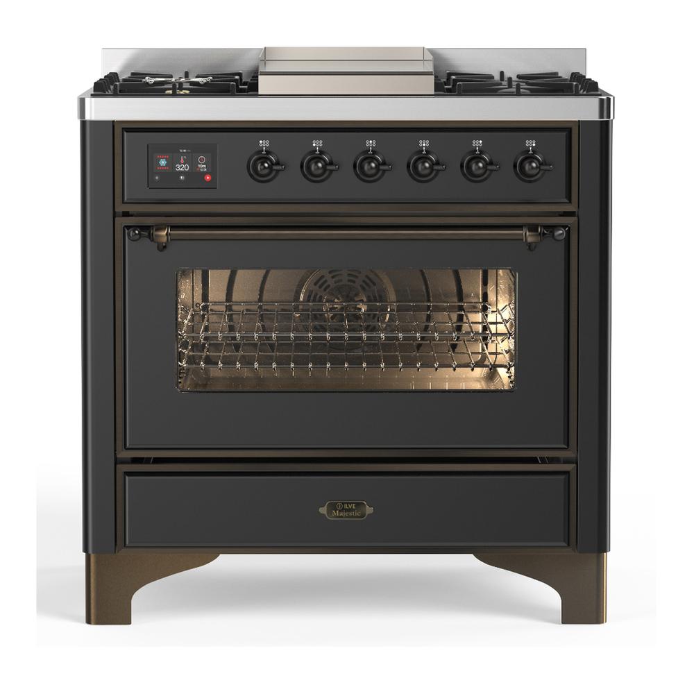 ILVE UM36FNR3MGBLP Majestic III 36 inch Dual Fuel Range with 6 Black Brass Burners and Griddle, Dual Function Burner up to 25,000 BTU (Triple Glass Door, Graphite Matte, Burnished, Liquid Propane)