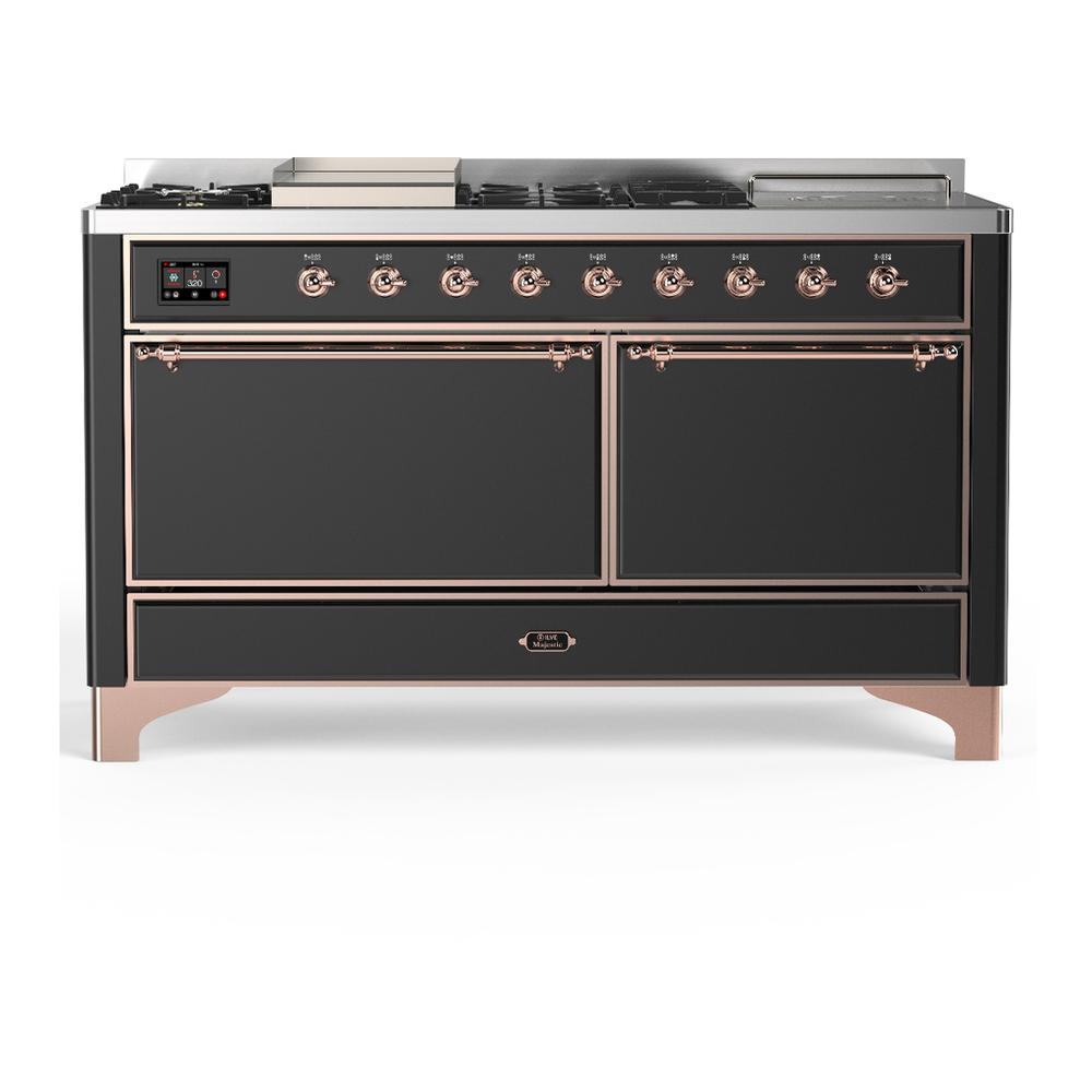 ILVE UM60FSQNR3MGP Majestic III 60 inch Dual Fuel Range with 7 Burners, Griddle and French Top, Dual Function Burner with up to 25,000 BTU (Natural Gas, Solid Door, Graphite Matte, Copper)