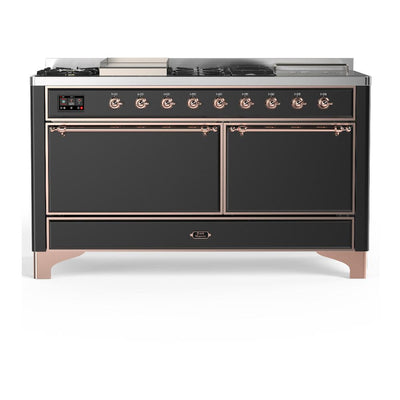 ILVE UM60FSQNR3MGP Majestic III 60 inch Dual Fuel Range with 7 Burners, Griddle and French Top, Dual Function Burner with up to 25,000 BTU (Natural Gas, Solid Door, Graphite Matte, Copper)