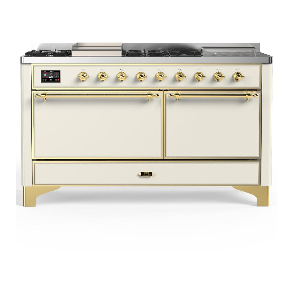 ILVE UM60FSQNR3AWG Majestic III 60 inch Dual Fuel Range with 7 Burners, Griddle and French Top, Dual Function Burner with up to 25,000 BTU (Natural Gas, Solid Door, Antique White, Brass)