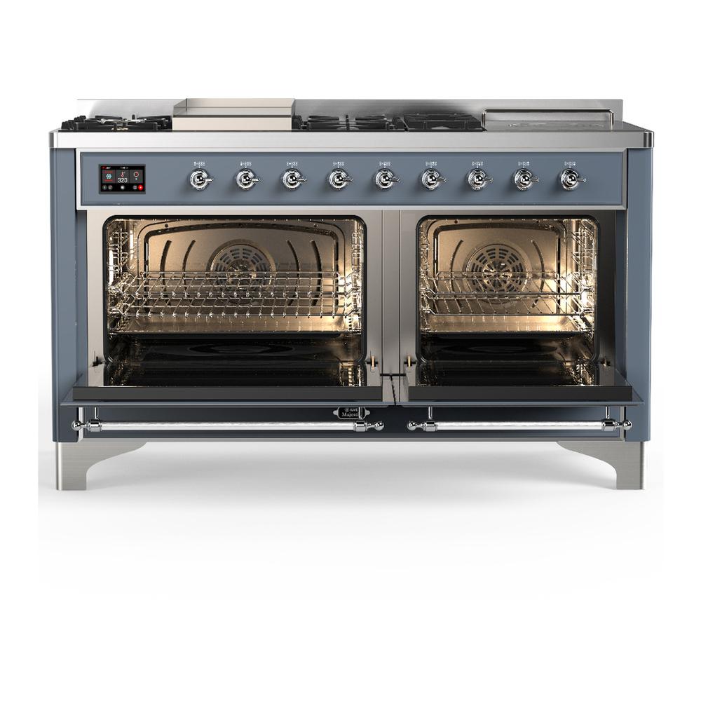ILVE UM60FSQNR3BGC Majestic III 60 inch Dual Fuel Range with 7 Burners, Griddle and French Top, Dual Function Burner with up to 25,000 BTU (Natural Gas, Solid Door, Blue Grey, Chrome)